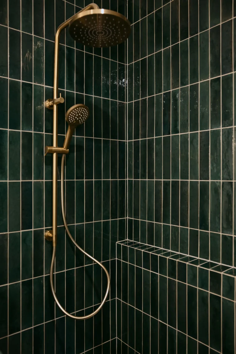 Brushed brass rail shower on dark green vertical tiles with a tiled shower bench