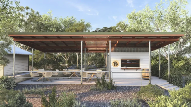 Front view of custom-built gazebo with native bushland setting at Yallingup Galleries