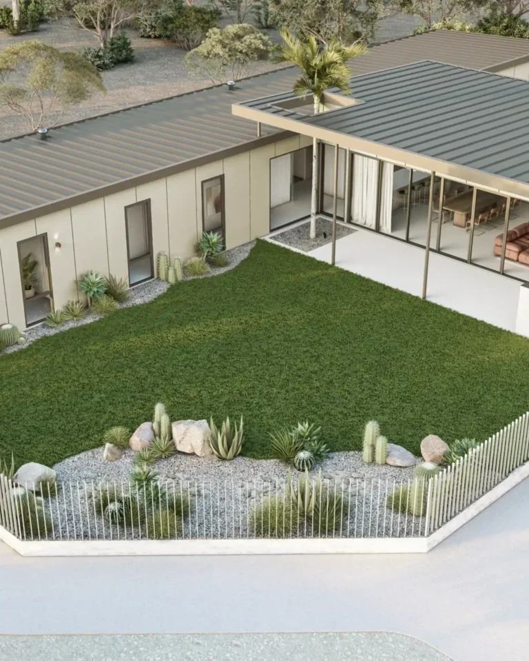 Aerial view of Project Harwood, a modern Palm Springs-style home in Cape Rise, Dunsborough, featuring skillion roofline, board and batten cladding, and drought-tolerant landscaping