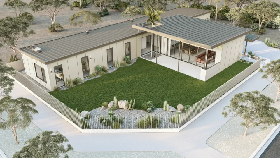 Aerial view of Project Harwood, a modern Palm Springs-style home in Cape Rise, Dunsborough, featuring skillion roofline, board and batten cladding, and drought-tolerant landscaping