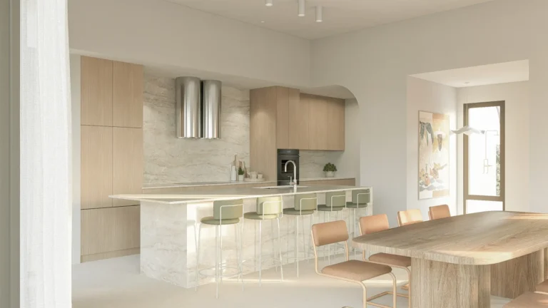 Open-plan kitchen in Project Harwood featuring marble island with under-bench lighting, natural timber cabinetry, cylindrical rangehood, and sage green bar stools