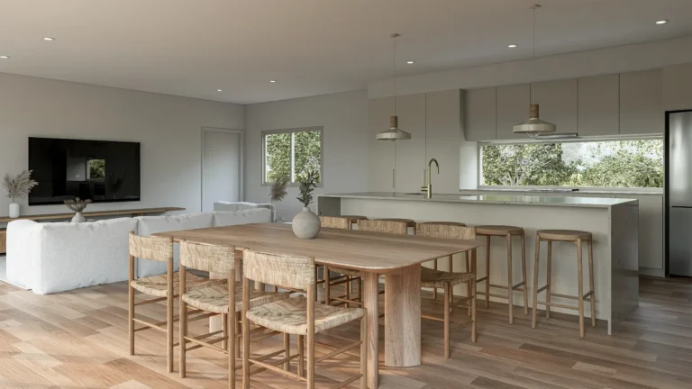 Open plan living, dining and kitchen interior of Kyle Andrews Foundation cabin — timber floors, rattan dining chairs, stone island bench