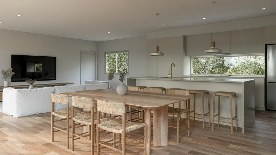 Open plan living, dining and kitchen interior of Kyle Andrews Foundation cabin — timber floors, rattan dining chairs, stone island bench