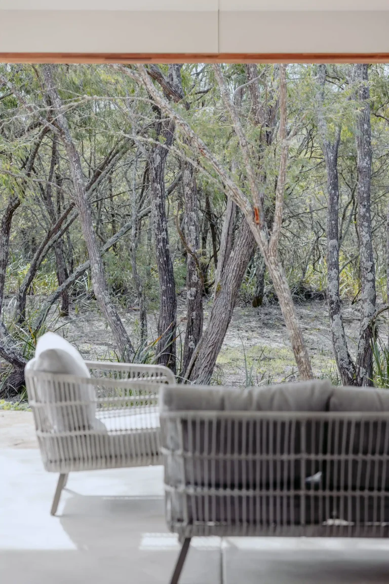 Outdoor rattan lounge chairs on the covered alfresco looking out to native bushland