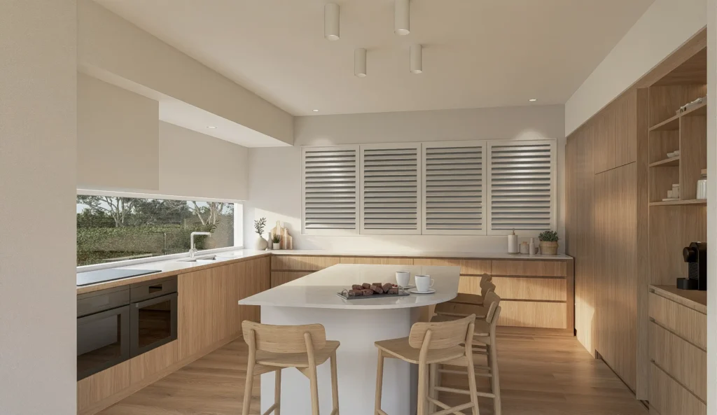 Renovated coastal Hamptons kitchen at Oakmont Dunsborough with light timber cabinetry, white stone island bench and plantation shutters