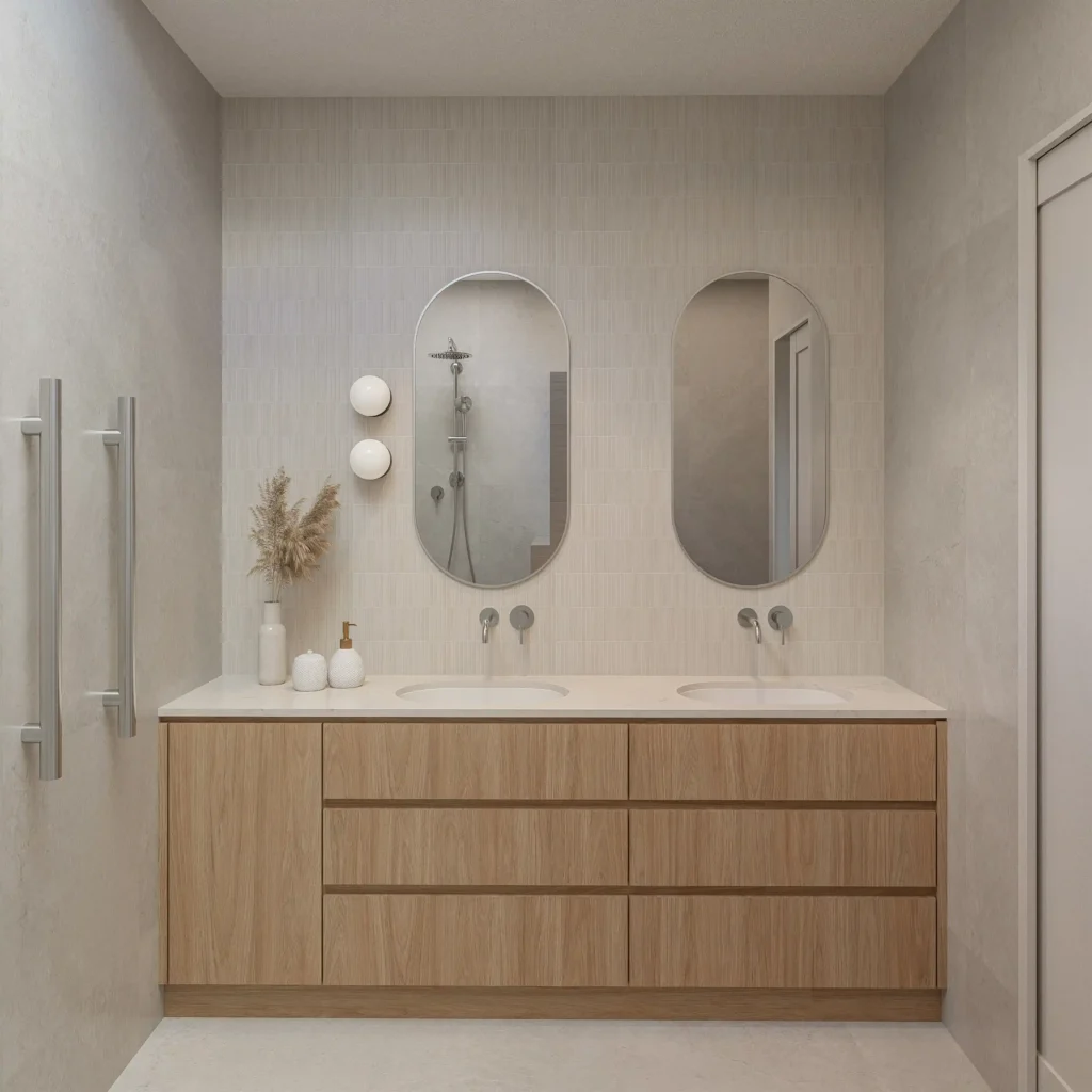 Coastal Hamptons ensuite at Oakmont Dunsborough with timber double vanity, twin oval mirrors and stone benchtop