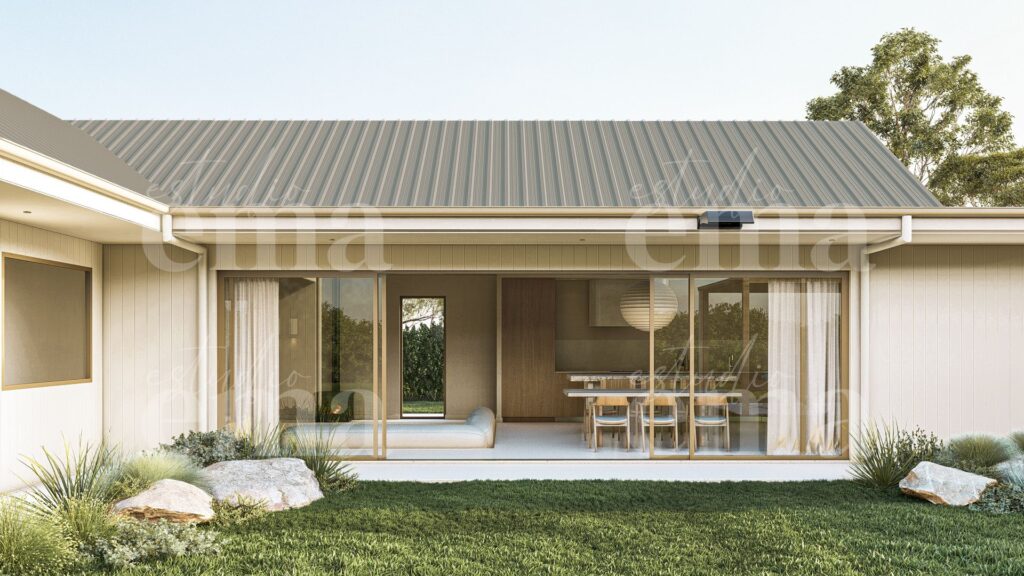 Alfresco and pitched roofline of Project Burekup European barn house, Burekup WA