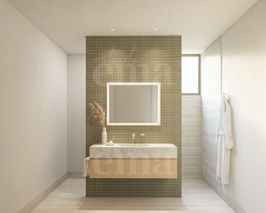 Bathroom with green mosaic feature wall, Project Burekup European barn house