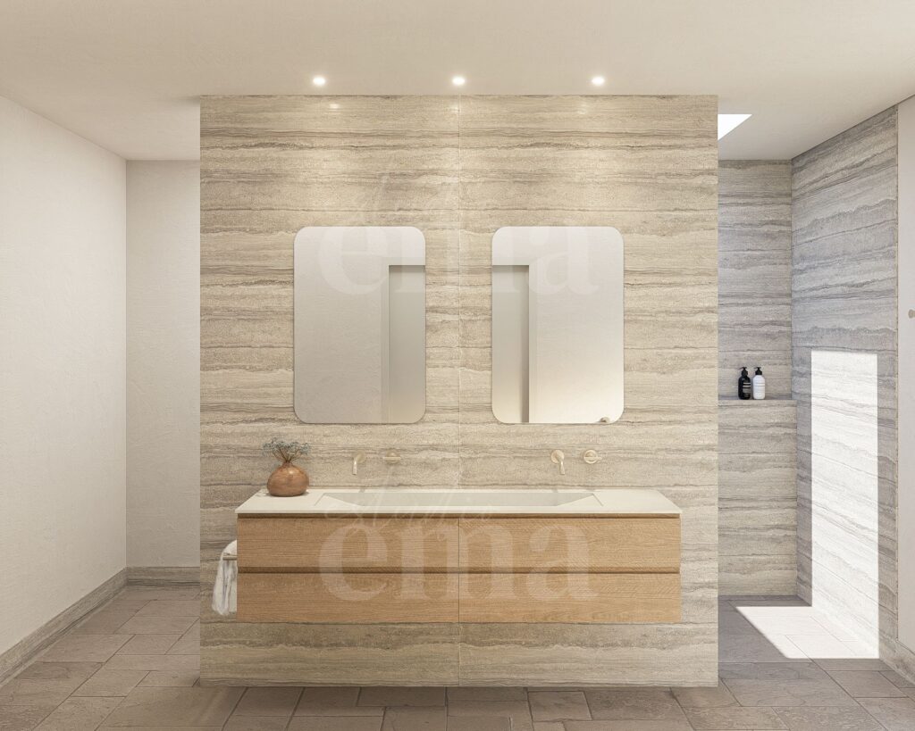 Ensuite with double vanity and stone-look tiling, Project Burekup by Indianic Homes