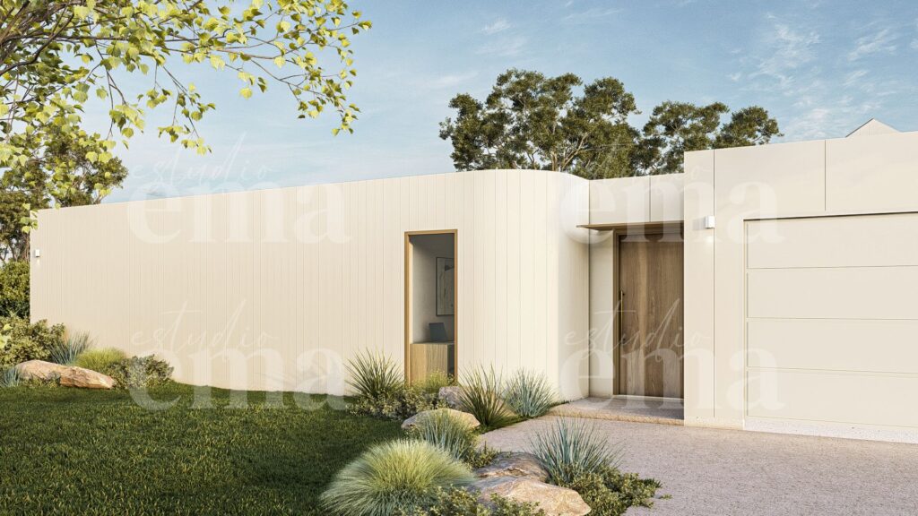 Front façade of Project Burekup, a European barn house by Indianic Homes in Burekup WA