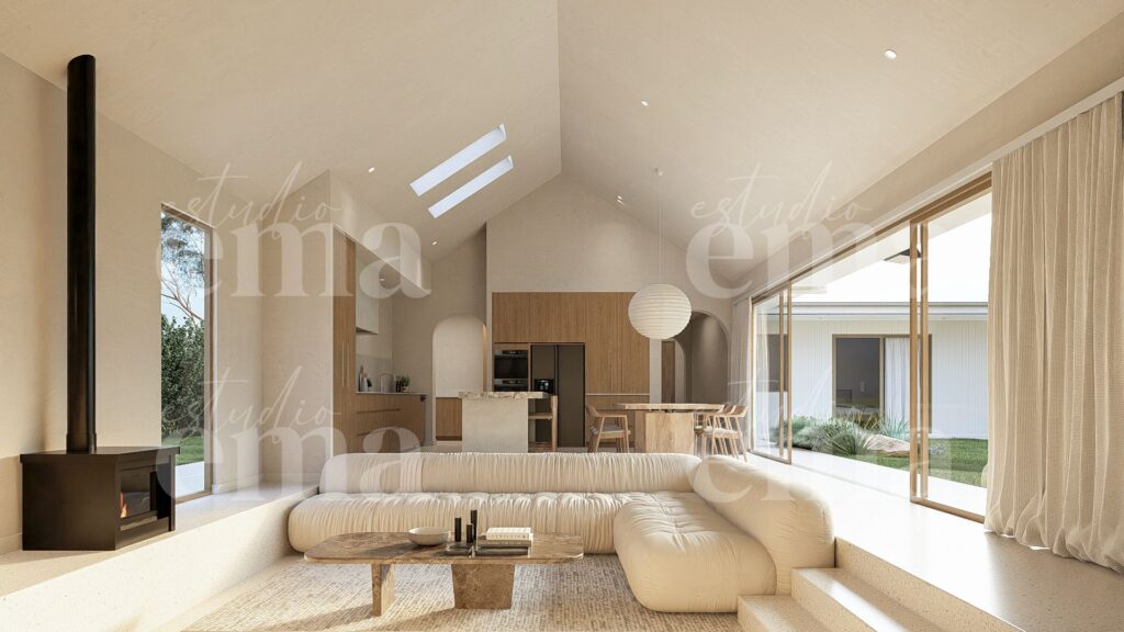 Open-plan living room with raked ceiling and skylights, Project Burekup by Indianic Homes